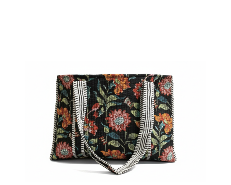 Quilted Kantha floral tote bag in black with multicolour print on pure white background