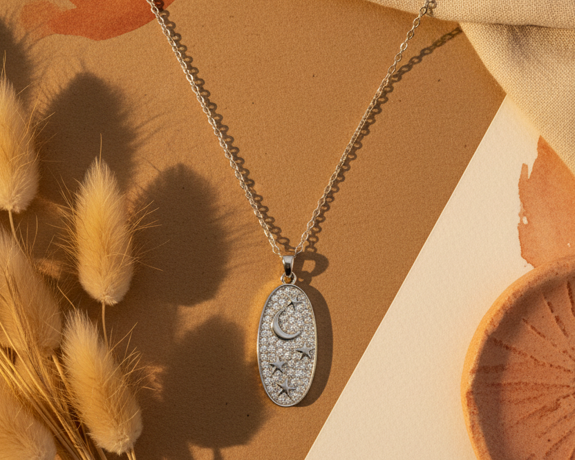 Celestial Moon & Stars Oval Pendant Necklace - boho background