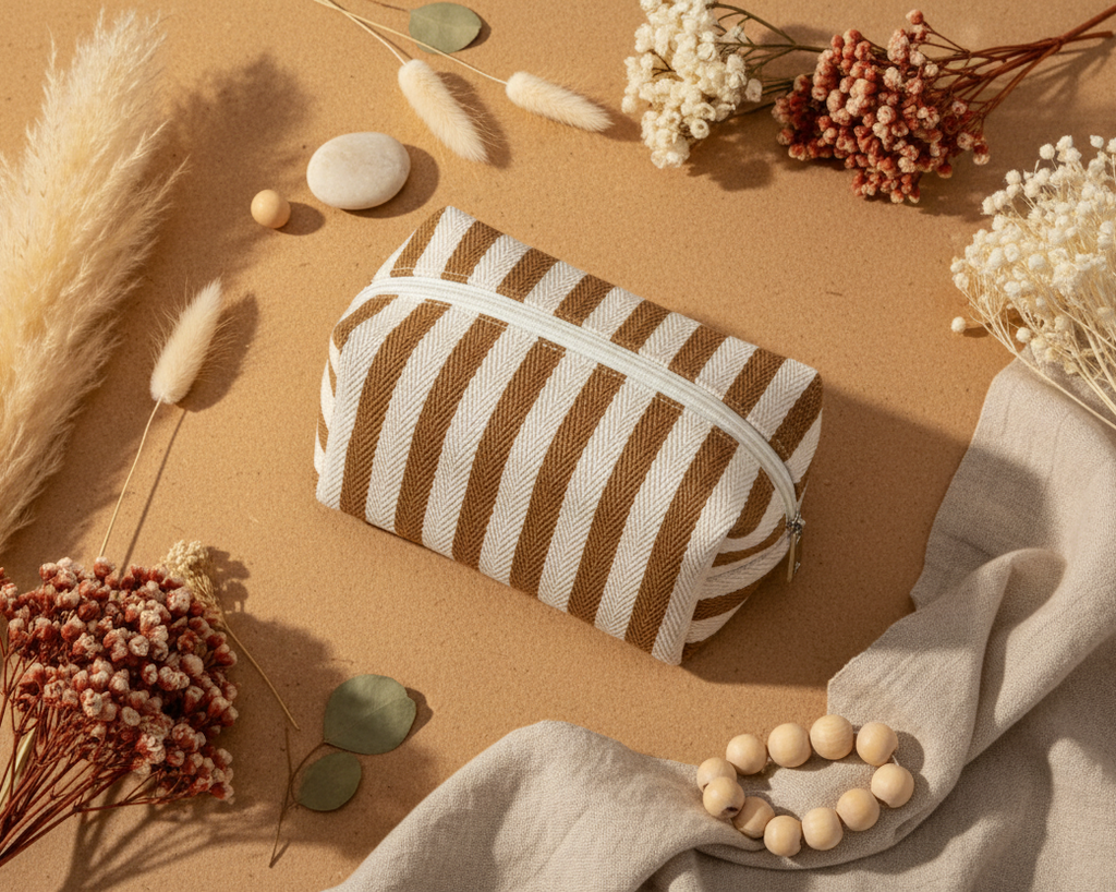 Tan striped canvas pouch styled on a warm boho flat lay with pampas grass and dried flowers