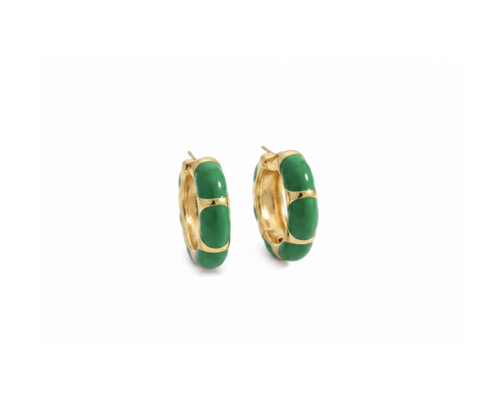 Green enamel gold C-hoop earrings on pure white background