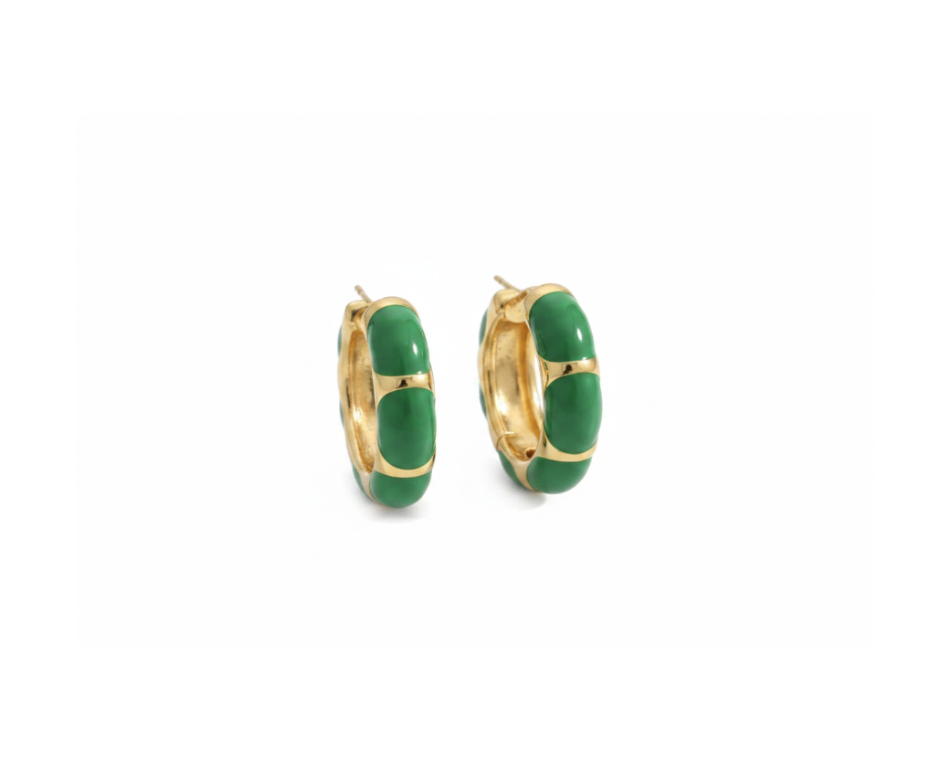 Green enamel gold C-hoop earrings on pure white background