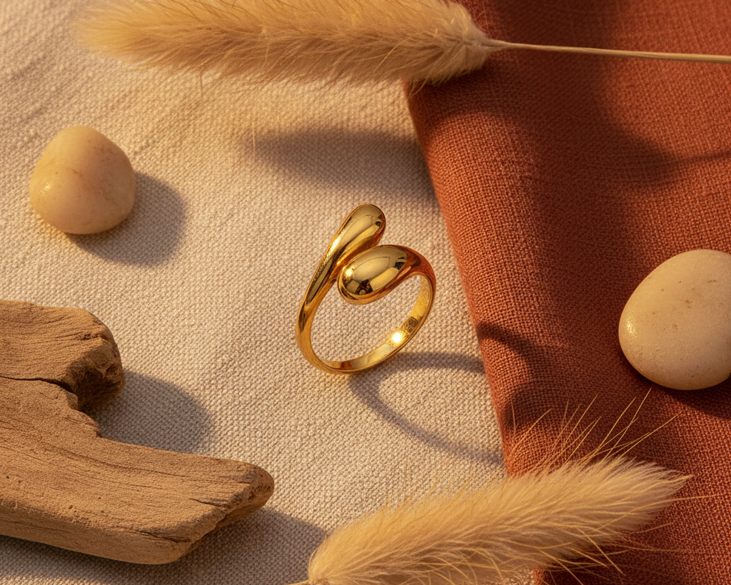 Gold geometric open ring on boho background with pampas grass and terracotta fabric