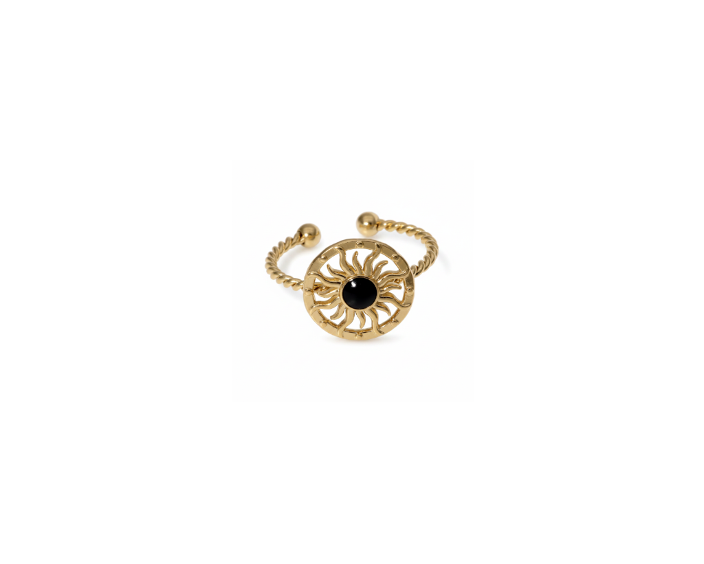 Gold sun ring with black stone centre on pure white background