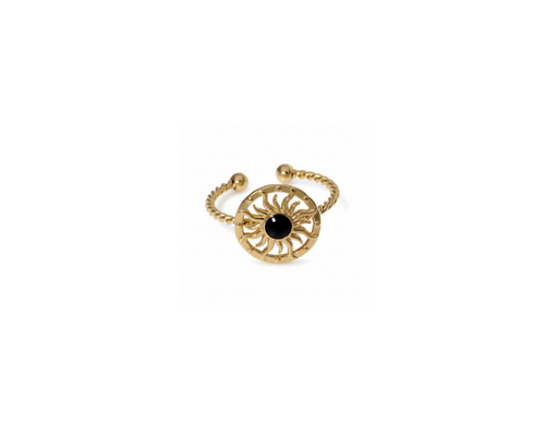 Gold sun ring with black stone centre on pure white background