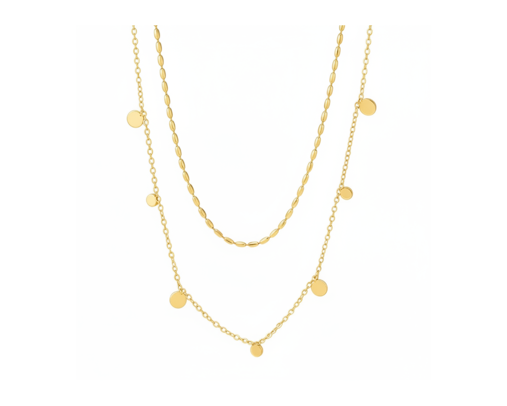 Gold Circle Charm Necklace on pure white background