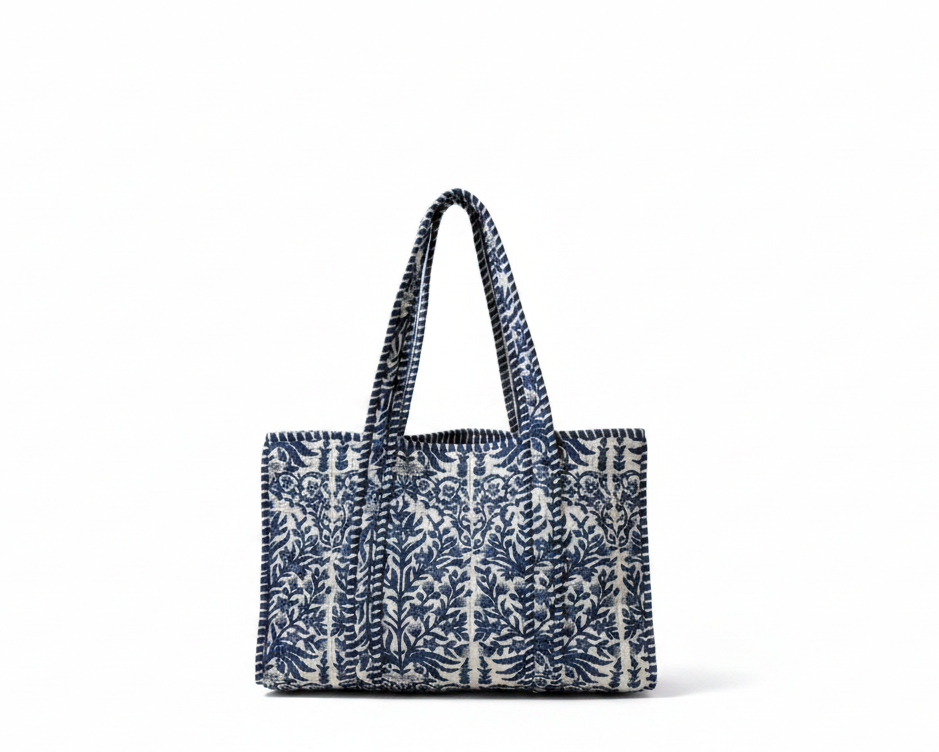 Quilted Kantha boho tote bag in white and navy blue botanical print on pure white background