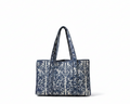 Quilted Kantha boho tote bag in white and navy blue botanical print on pure white background