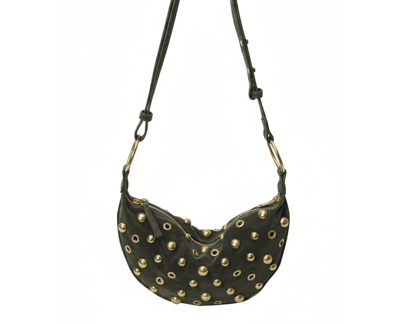 Studded crescent shoulder bag in olive green with gold studs on pure white background