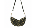 Studded crescent shoulder bag in olive green with gold studs on pure white background
