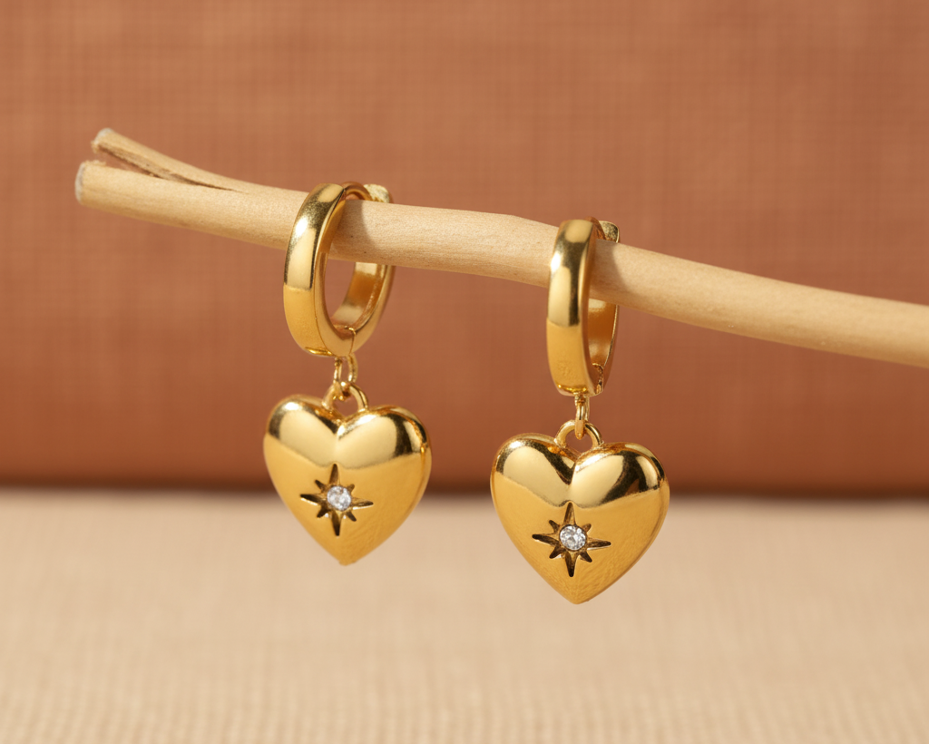 Gold heart huggie earrings on boho background