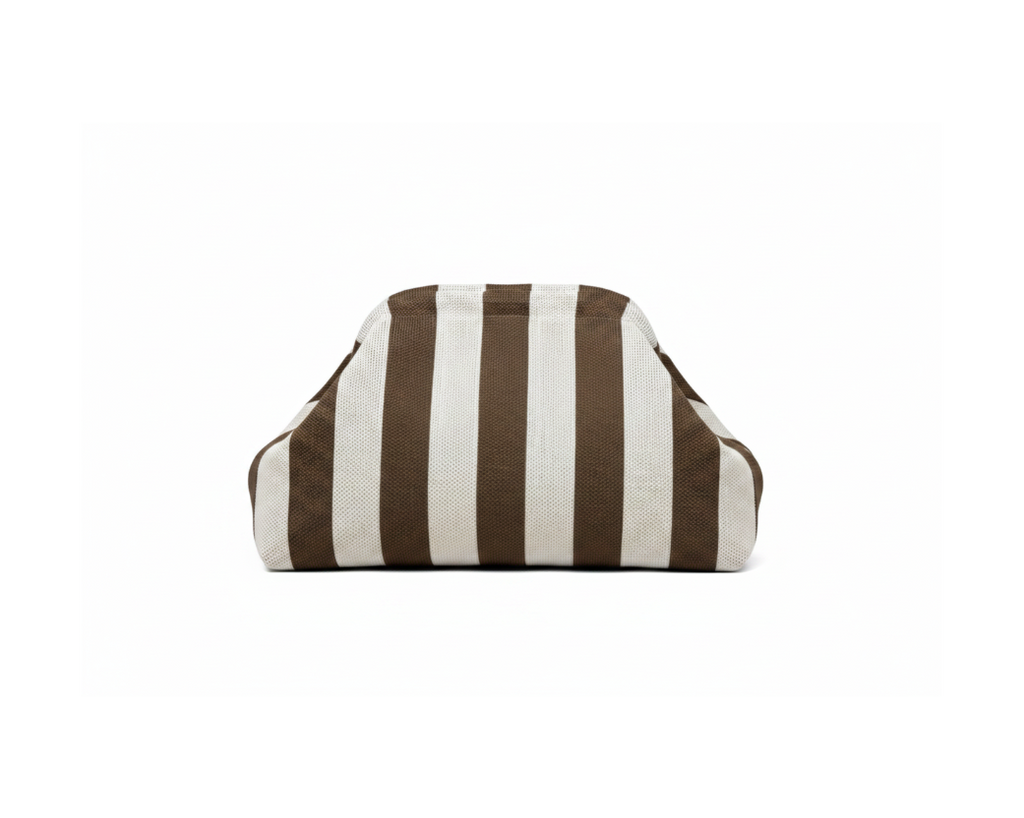 Striped knit clutch bag in brown and cream on pure white background