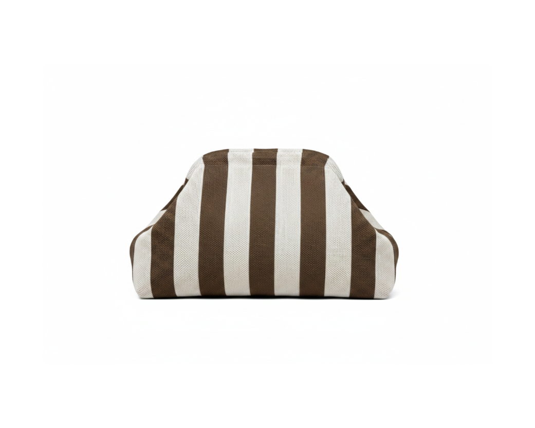 Striped knit clutch bag in brown and cream on pure white background