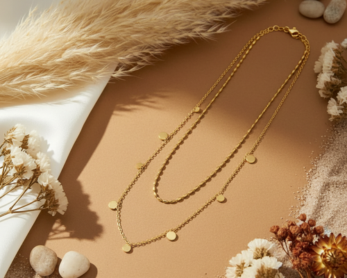 Bud Gold Double Layer Circle Charm Necklace on boho background