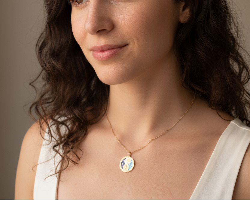 Model wearing Sun Moon Yin Yang Pendant Necklace