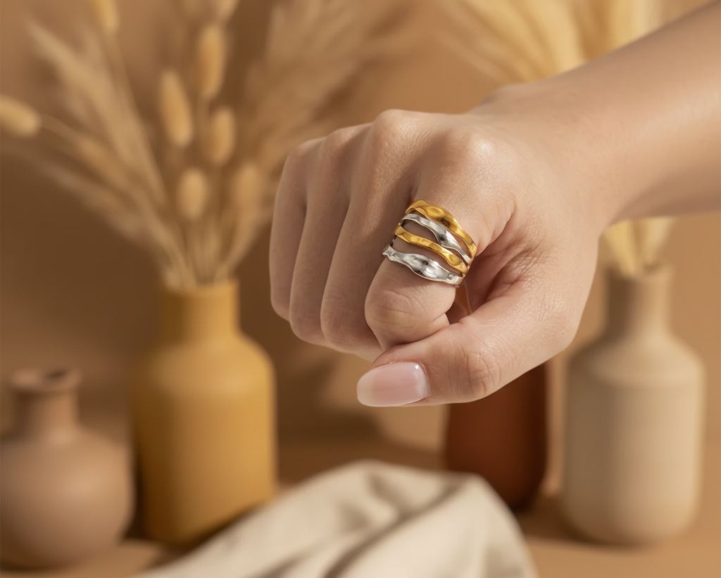 Gold & Silver Geometric Wrap Ring with boho background