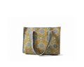 Quilted Kantha floral tote bag in mustard yellow and blue on pure white background