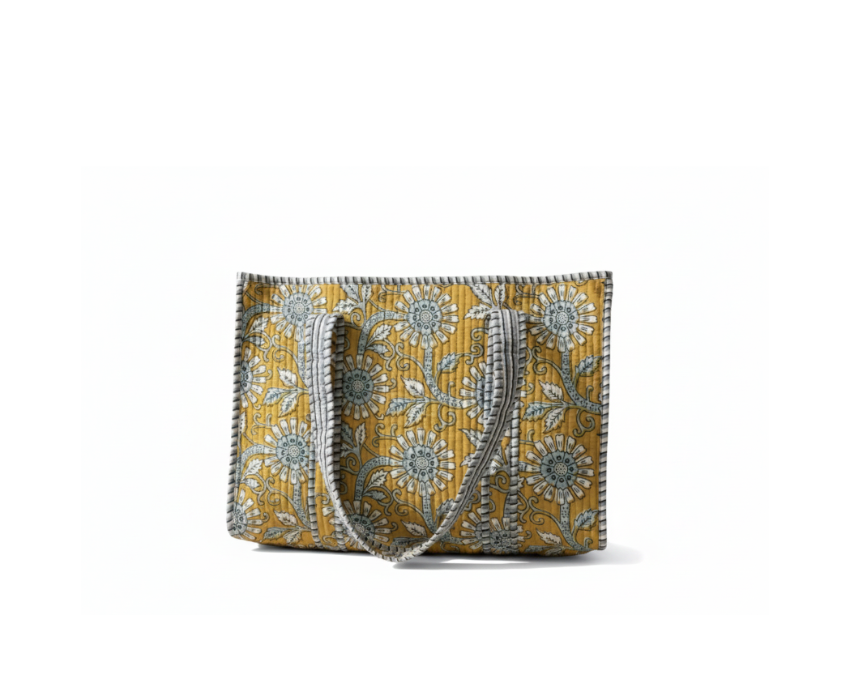 Quilted Kantha floral tote bag in mustard yellow and blue on pure white background