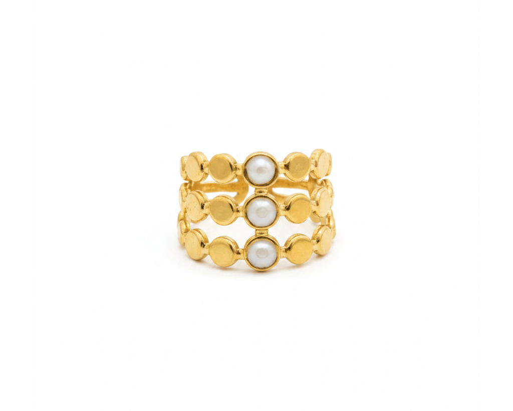 Halo triple row pearl gold ring on pure white background