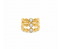 Halo triple row pearl gold ring on pure white background