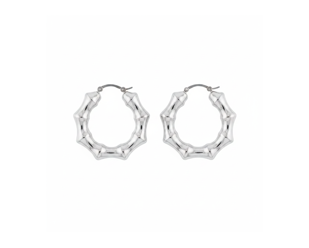 Silver bamboo hoop earrings on pure white background