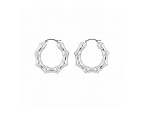 Silver bamboo hoop earrings on pure white background