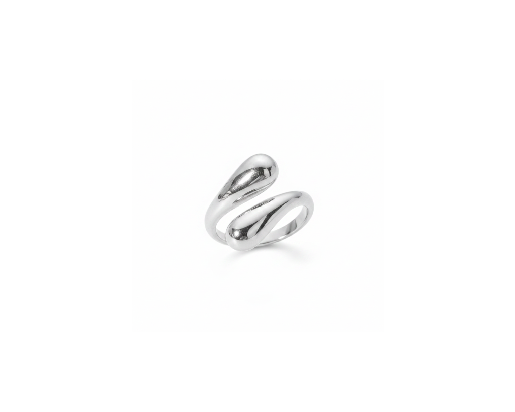 Silver geometric open ring on pure white background, studio product photography