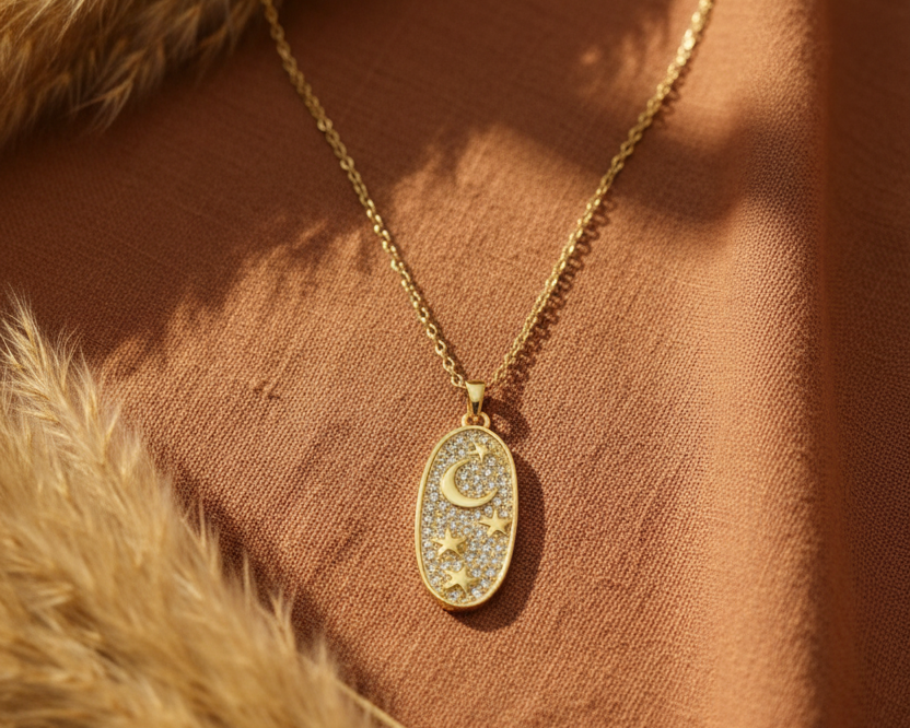 Celestial Moon & Stars Oval Pendant Necklace gold - boho background