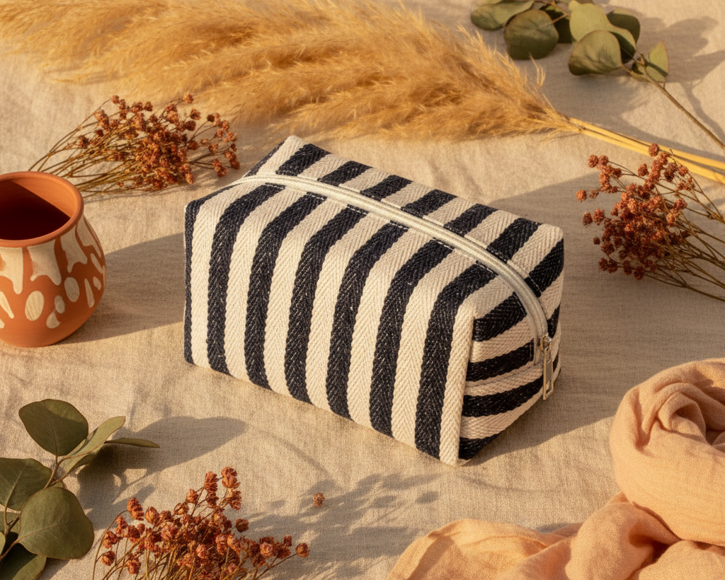 Striped Canvas Pouch navy and cream - boho background
