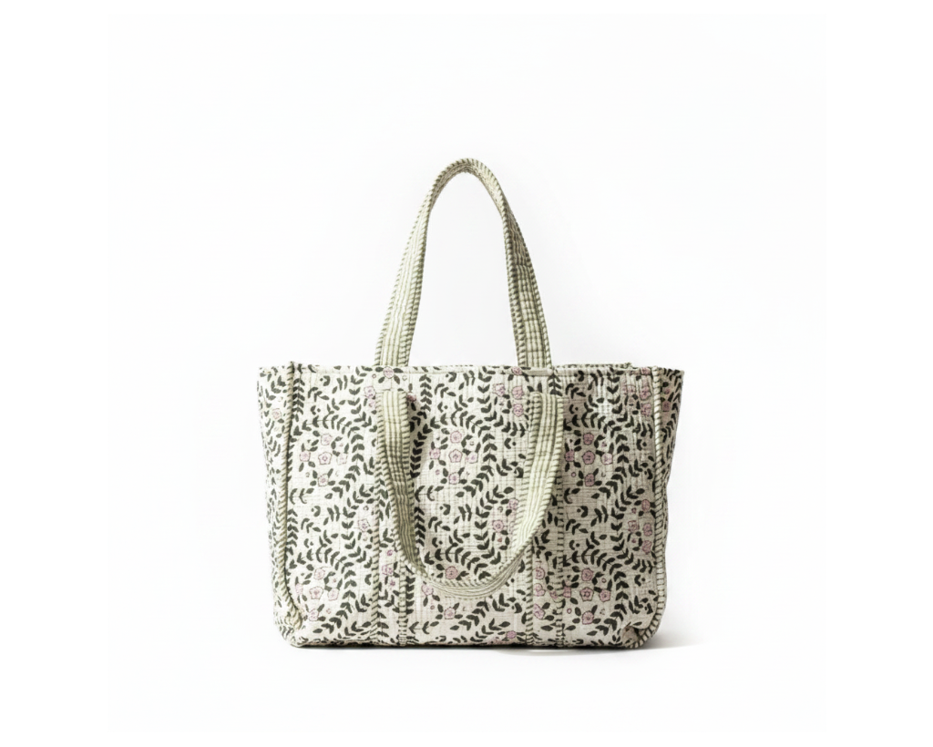Kantha Floral Tote Green – Pure White Background