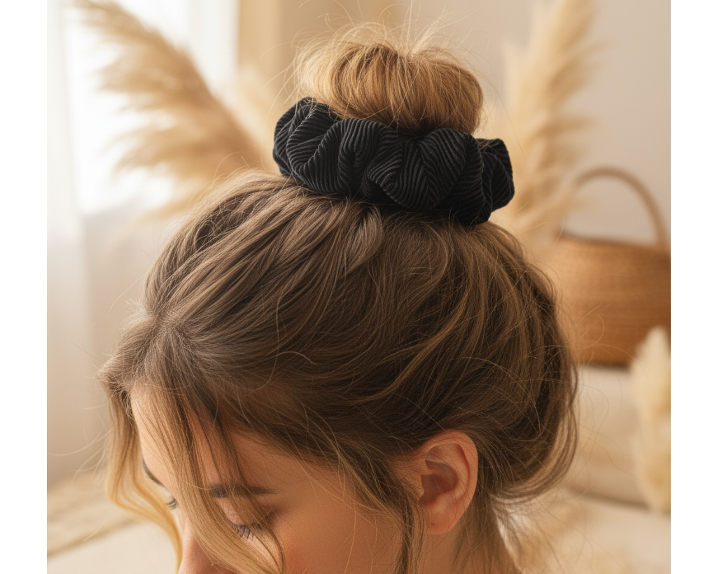 Large Black Velvet Scrunchie - Model