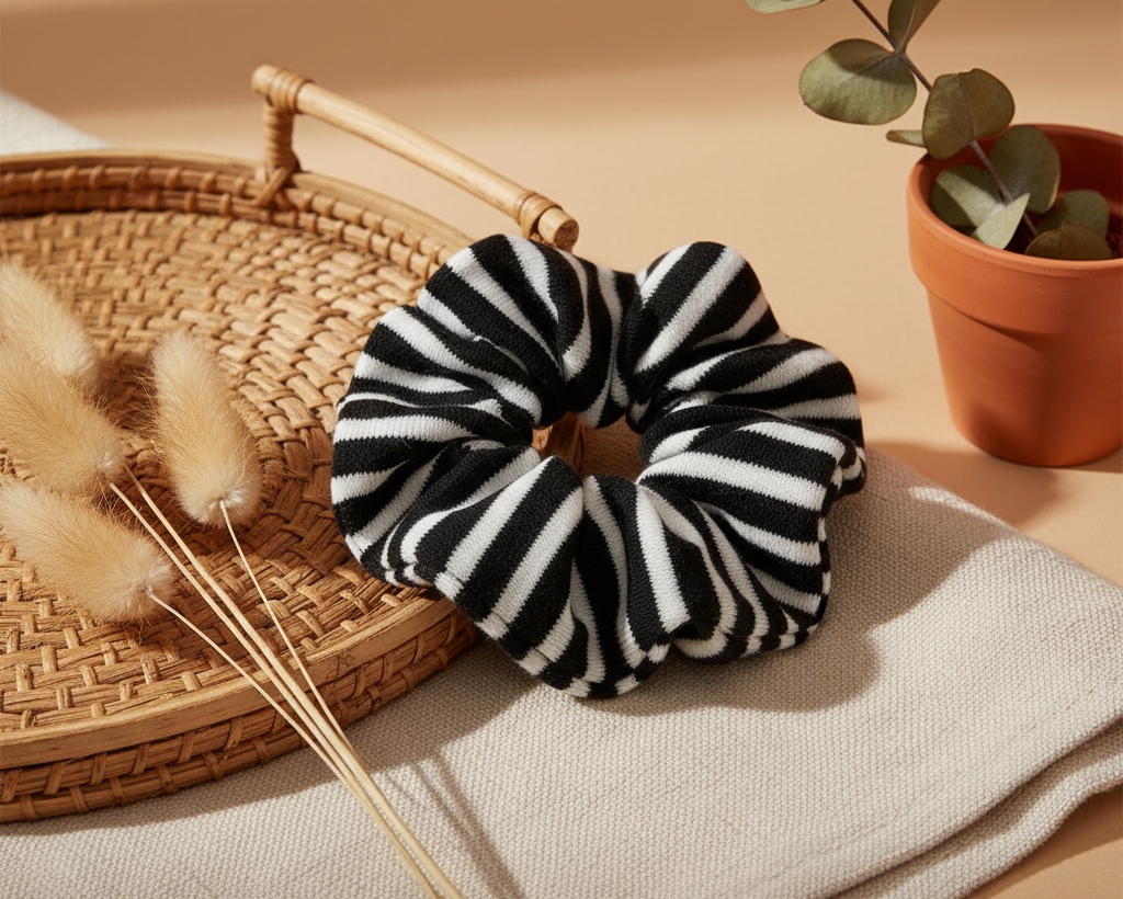 Large Classic Stripe Knit Scrunchie – Black