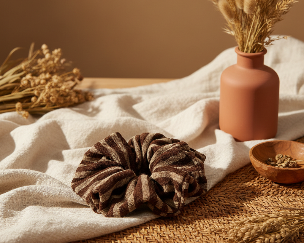 Large Classic Stripe Knit Scrunchie – Brown
