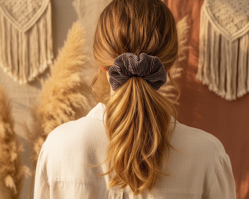 Large Coffee Velvet Scrunchie - Model