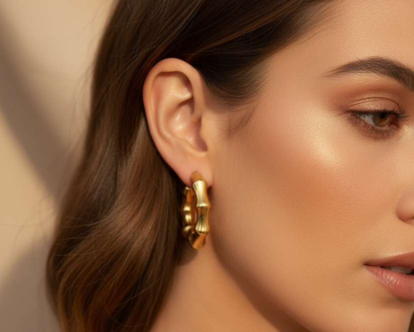 Model wearing Bamboo Hoop Earrings Gold