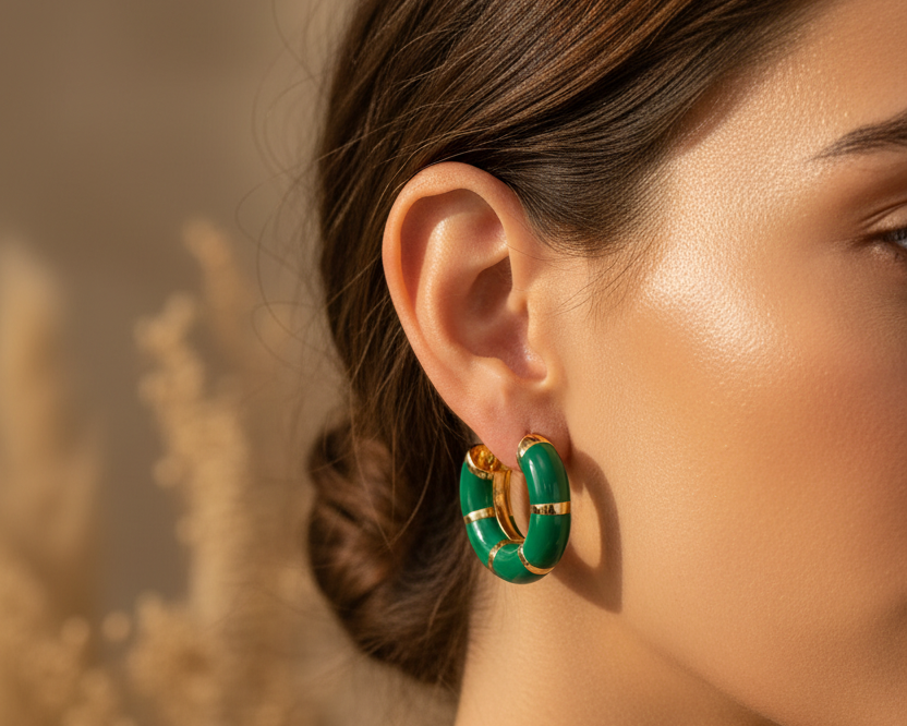 Model wearing Mosaic Hoop Earrings Green