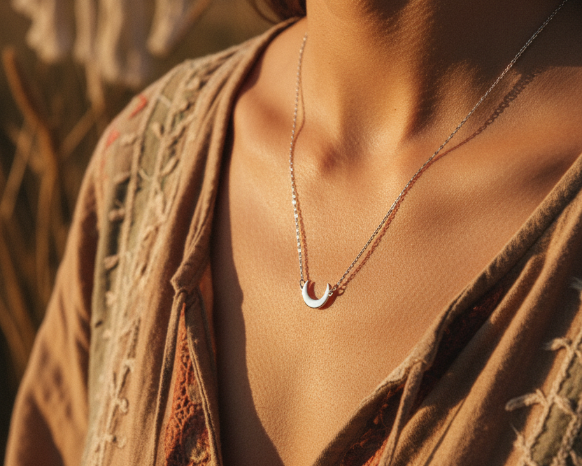 Model wearing Silver Crescent Moon Necklace