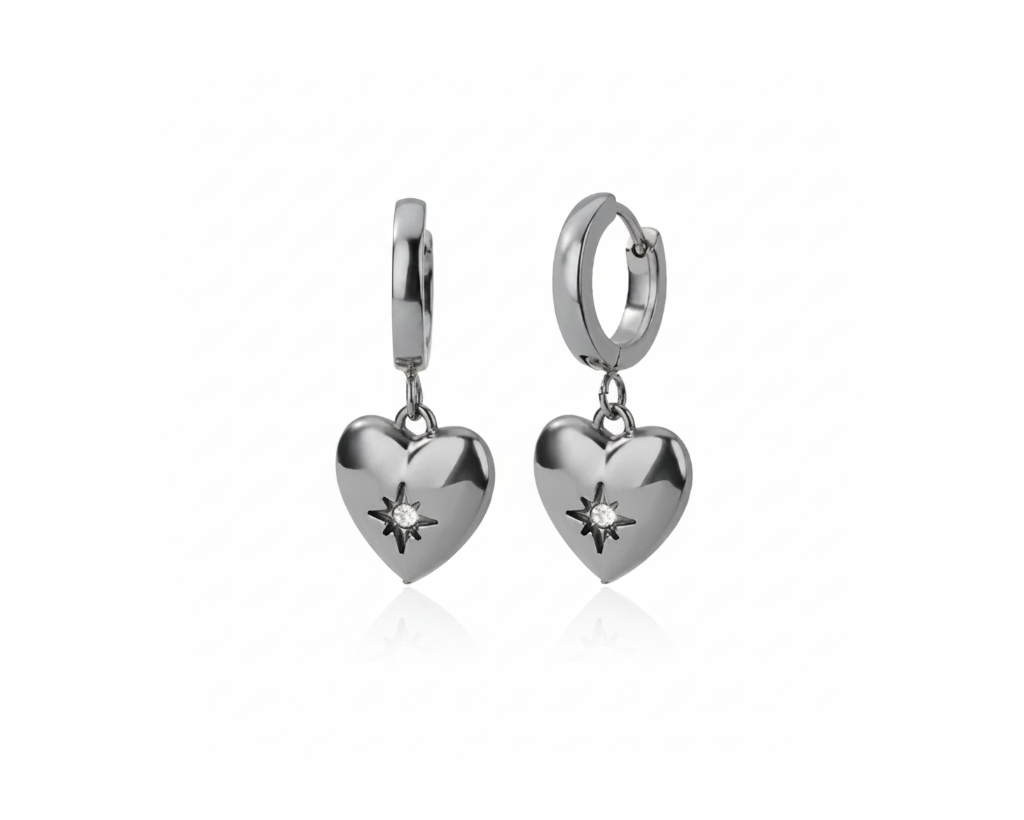 Silver Puffy Heart Huggie Earrings Clean White