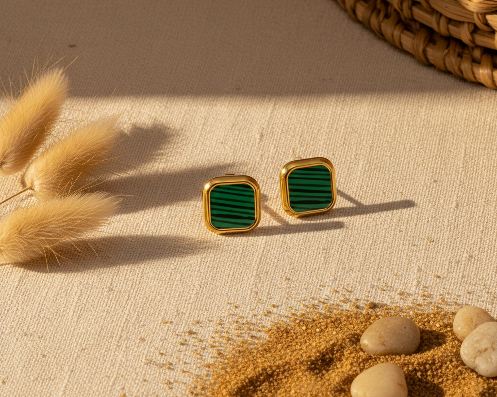 Square Green Stud Earrings – Boho Background