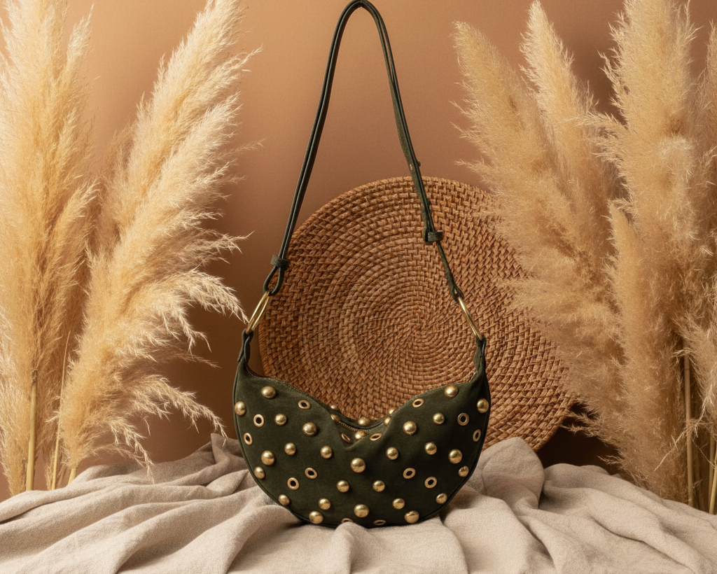 Studded Crescent Shoulder Bag – Green