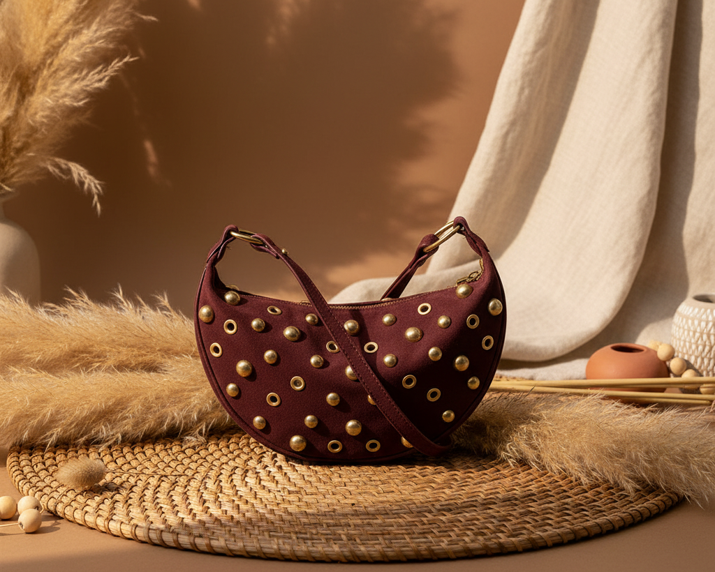 Studded Crescent Shoulder Bag – Wine Red